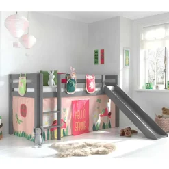 Kinder Wohnen Kinder Rutschbett in Grau mit Vorhang - Kalistra