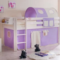 Kinder Wohnen Kinderhochbett Turino mit Tunnel und Vorhang in Lila Beige