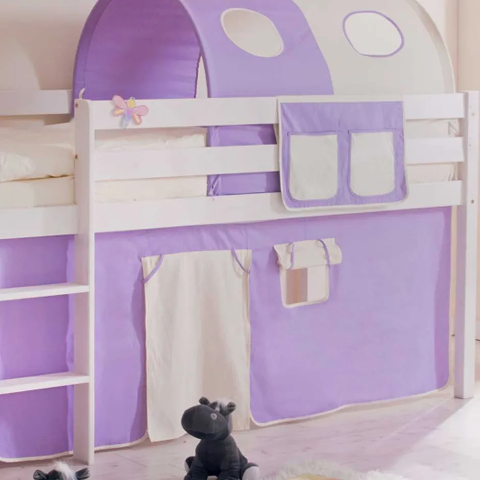 Kinder Wohnen Kinderhochbett Turino mit Tunnel und Vorhang in Lila Beige
