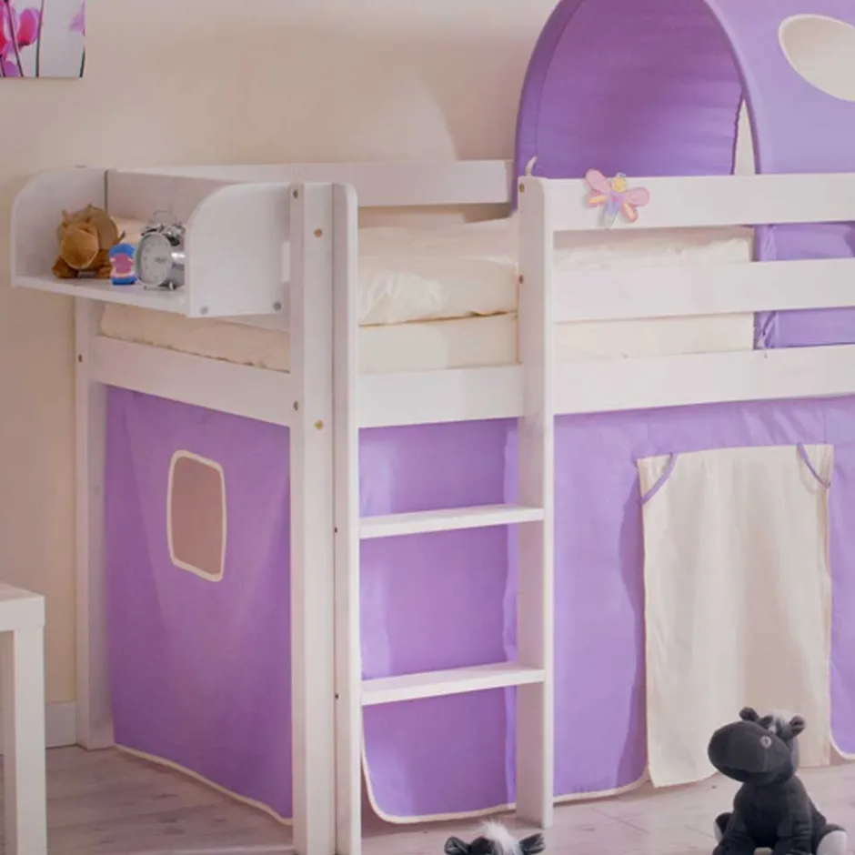 Kinder Wohnen Kinderhochbett Turino mit Tunnel und Vorhang in Lila Beige