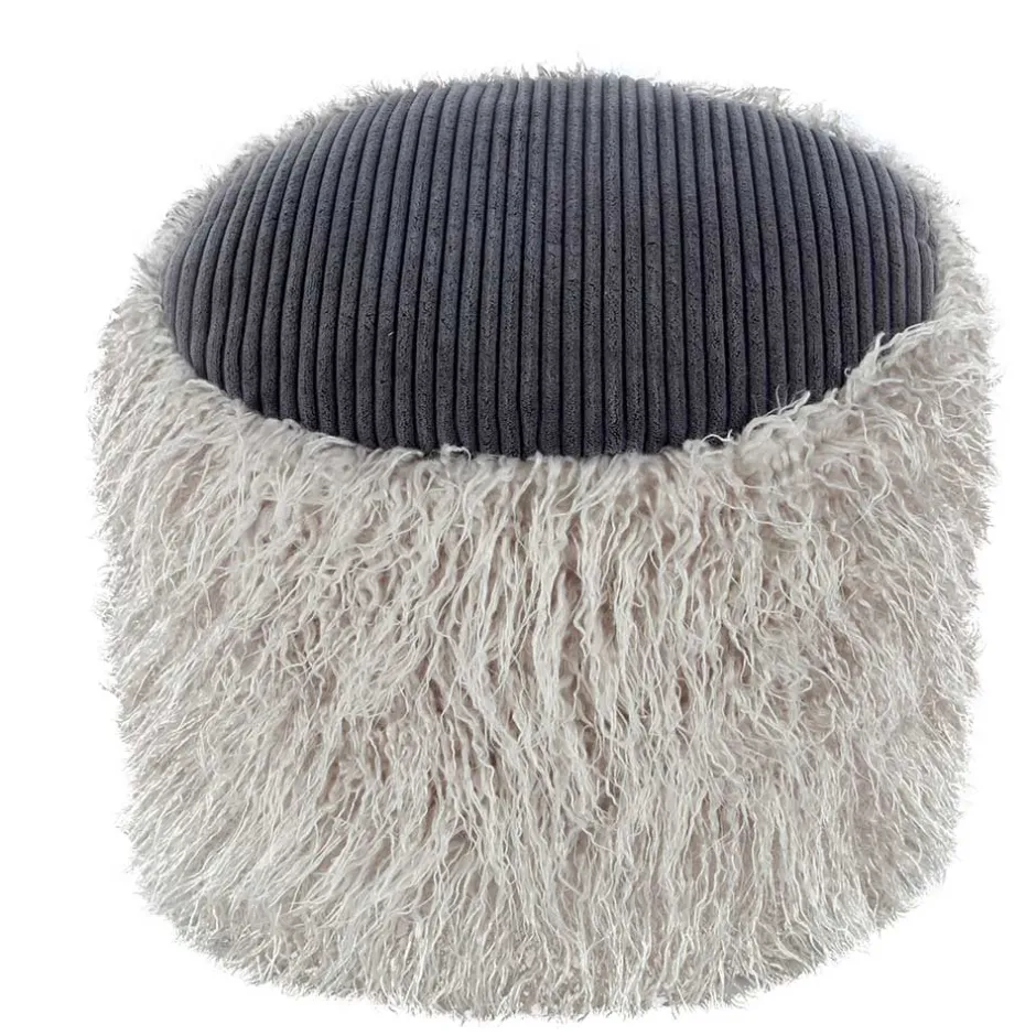 Wohnen Kunstfell Pouf in Hellgrau mit Cord Dunkelgrau - Valbera