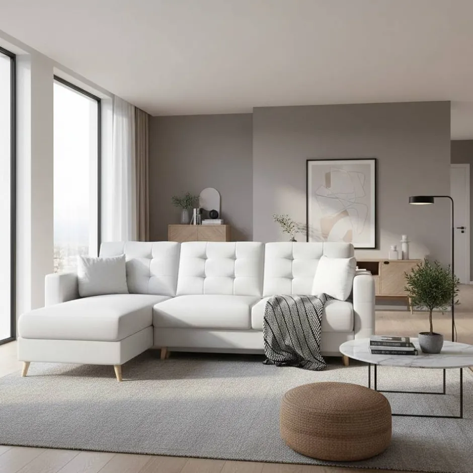 Kunstleder Eckcouch in Weiß mit Schlaffunktion - Mossiv^Wohnen Clearance