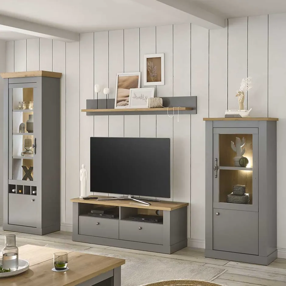 Wohnen Landhaus Anbauwand in Lichtgrau & Eiche - Buleta (vierteilig)