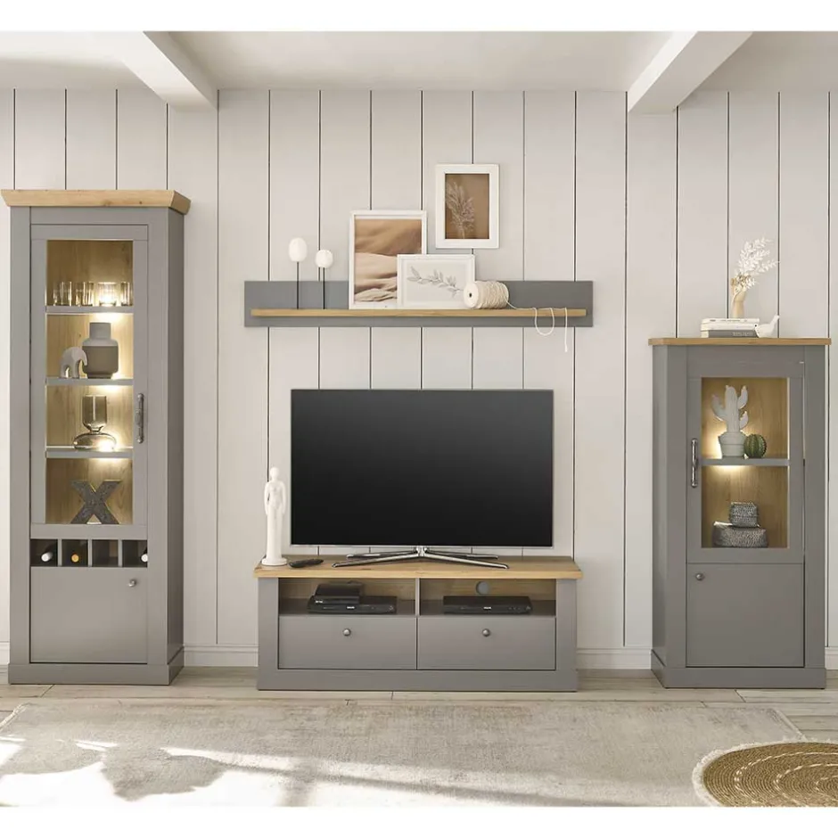 Wohnen Landhaus Anbauwand in Lichtgrau & Eiche - Buleta (vierteilig)