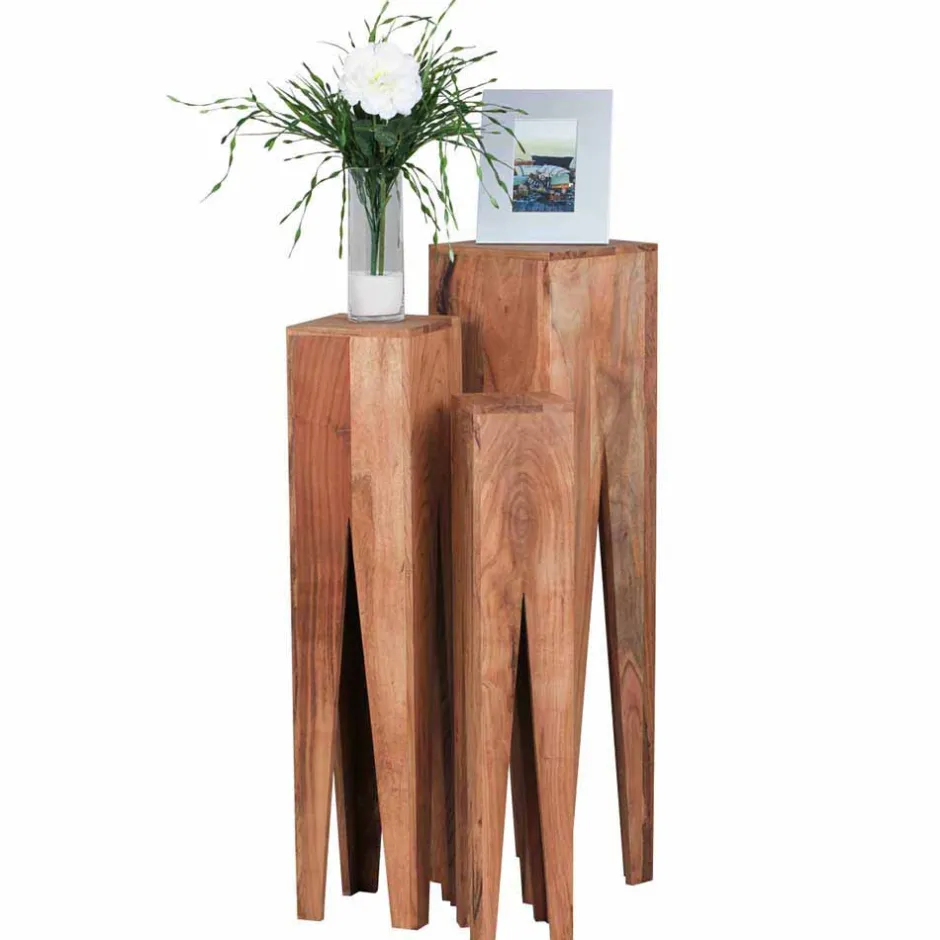 Wohnen Landhaus Blumenständer Set Pisino aus Massivholz naturbelassen (dreiteilig)