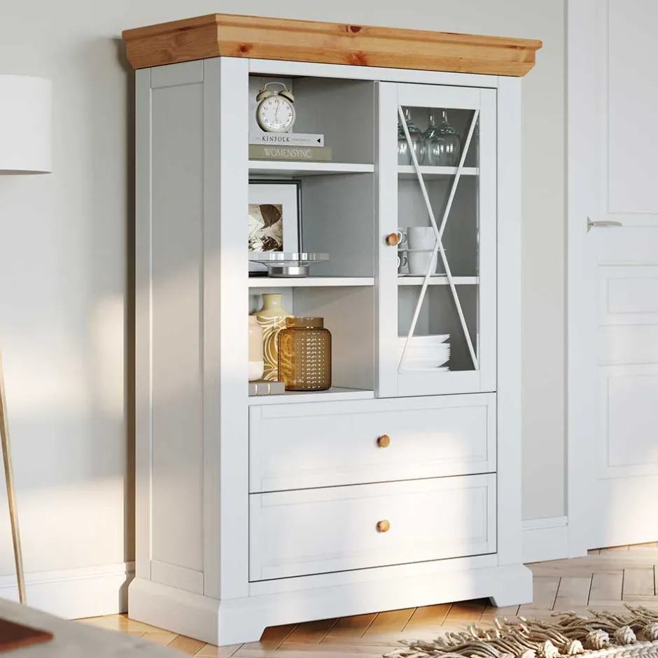 Landhaus Highboard in Weiß & Kiefer Natur - Saluts^Wohnen Discount
