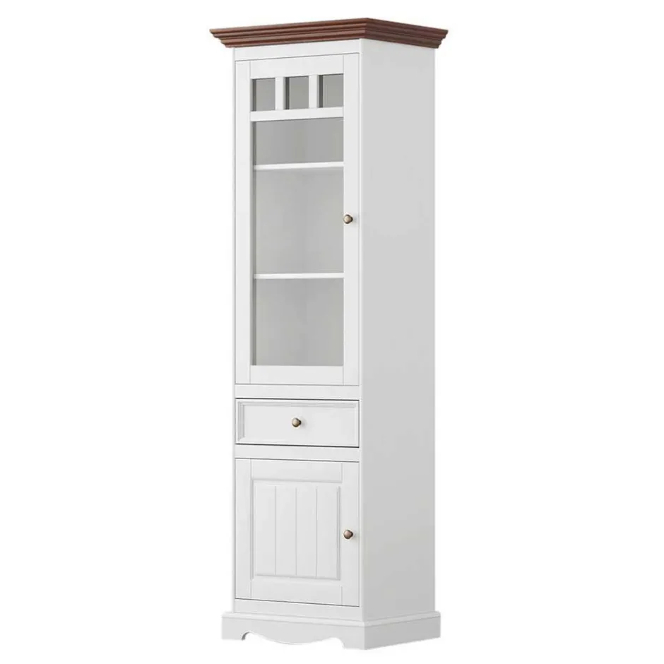 Landhaus Vitrine in Weiß mit Nussbaum Braun - Manipur^Wohnen Online