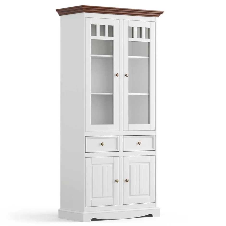 Wohnen Landhaus Vitrinenschrank in Weiß mit Nussbaum - Manipur