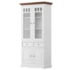 Wohnen Landhaus Vitrinenschrank in Weiß mit Nussbaum - Manipur