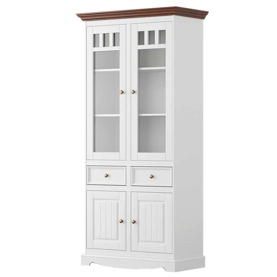 Wohnen Landhaus Vitrinenschrank in Weiß mit Nussbaum - Manipur