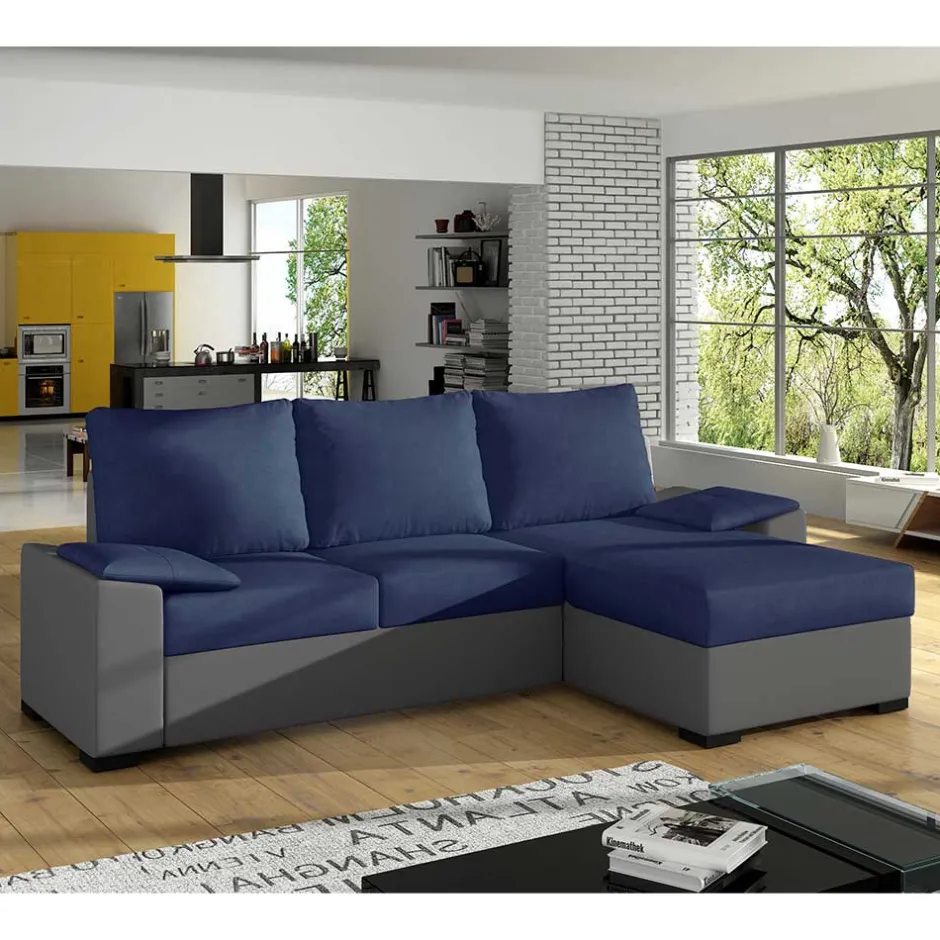 L-Design Ausziehsofa in Blau und Grau - Lugres^Wohnen