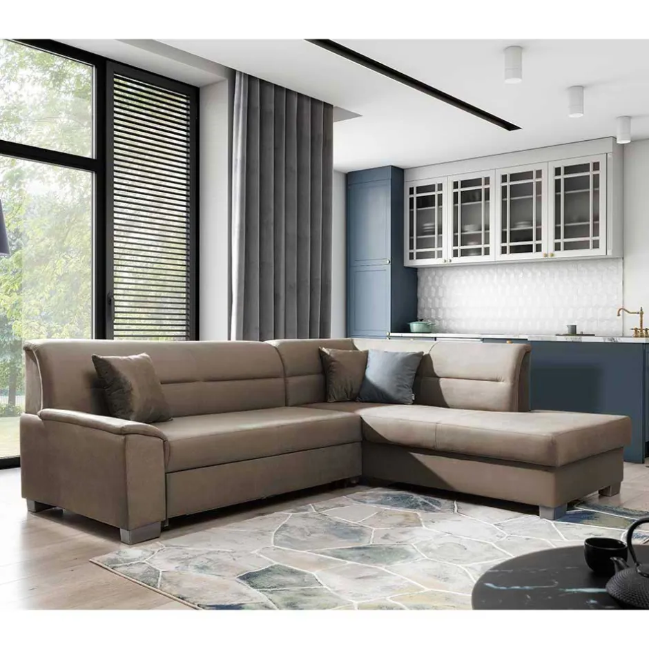 Wohnen L-Design Verwandlungssofa in Hellbraun Samt - Citerna