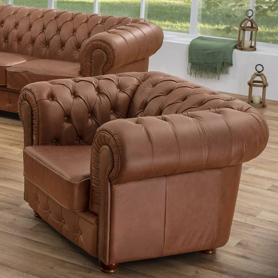 Wohnen Leder Polstersessel im Chesterfield Look - Gonron