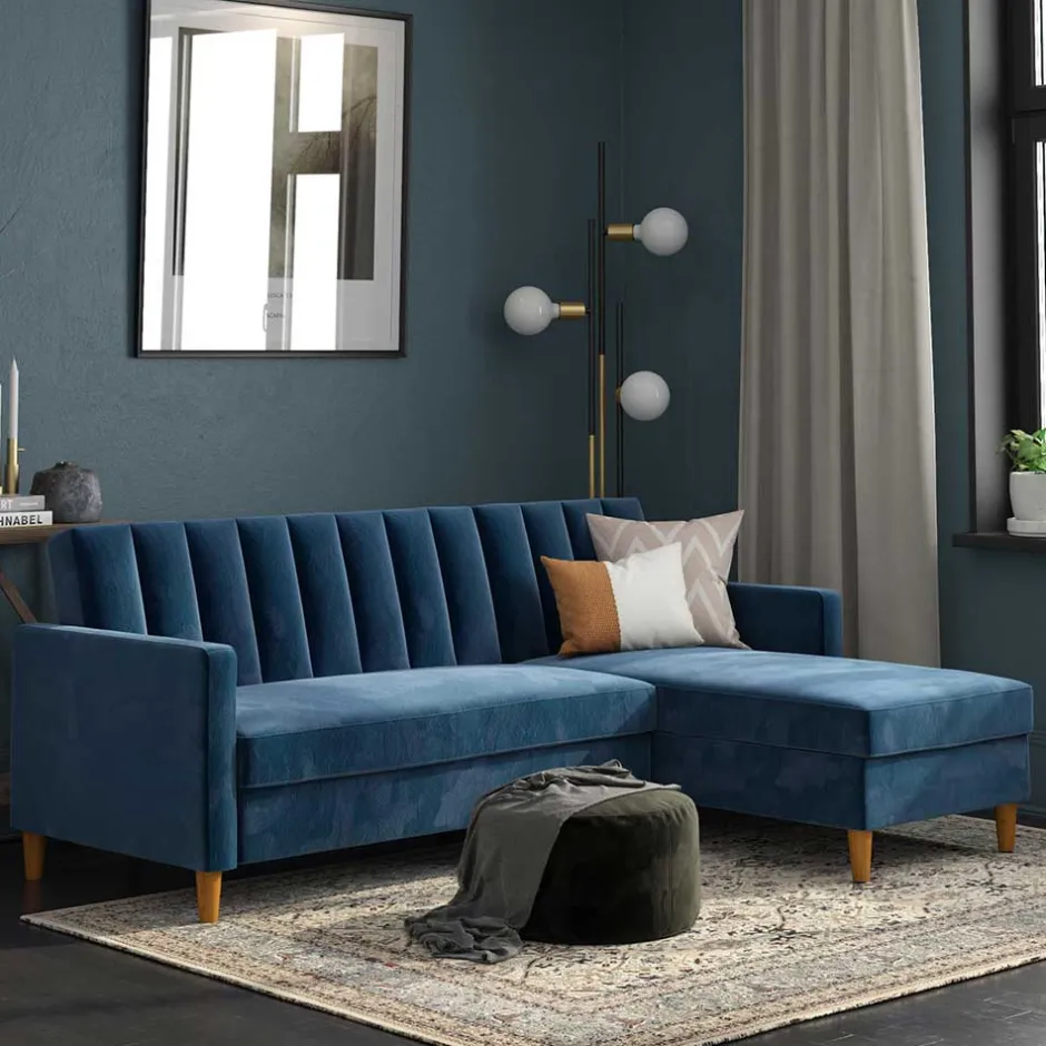 L-Schlafsofa in Blau Samt - Astomon^Wohnen Sale