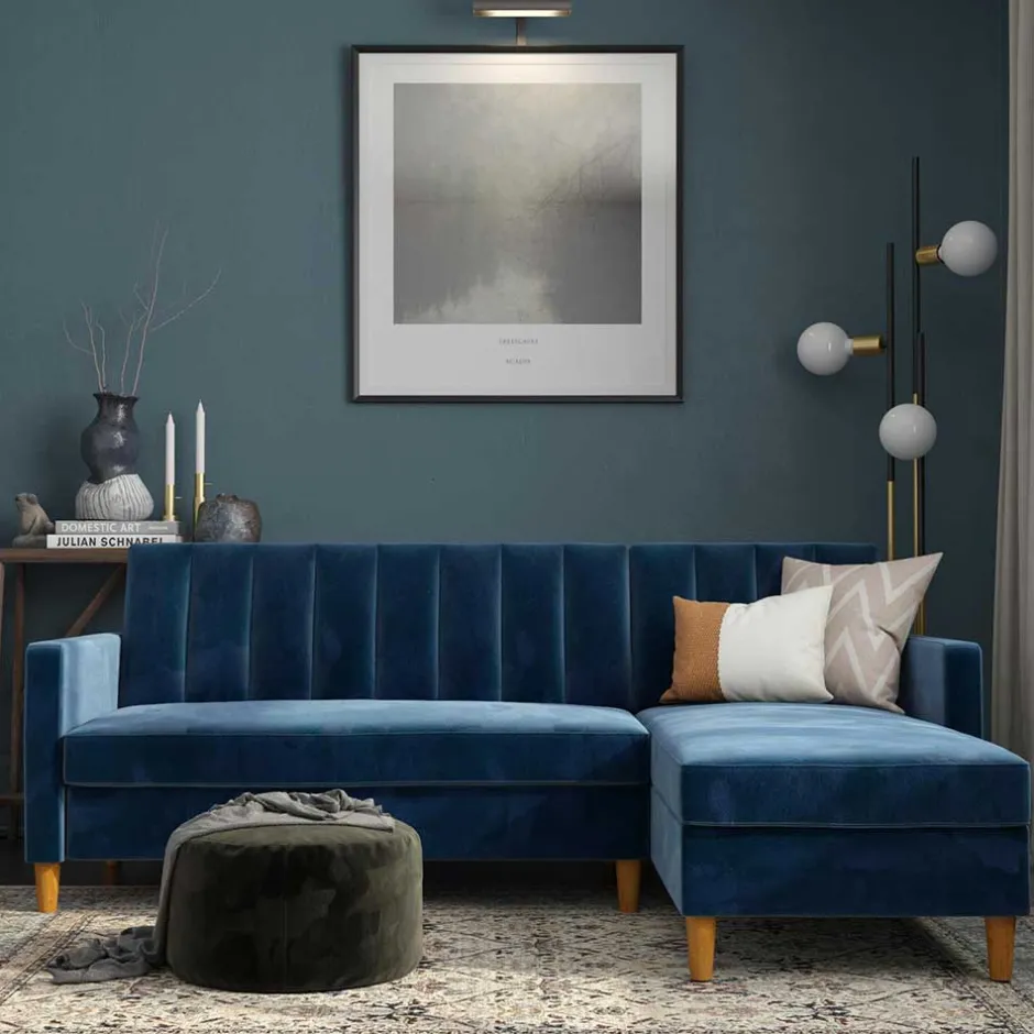 L-Schlafsofa in Blau Samt - Astomon^Wohnen Sale