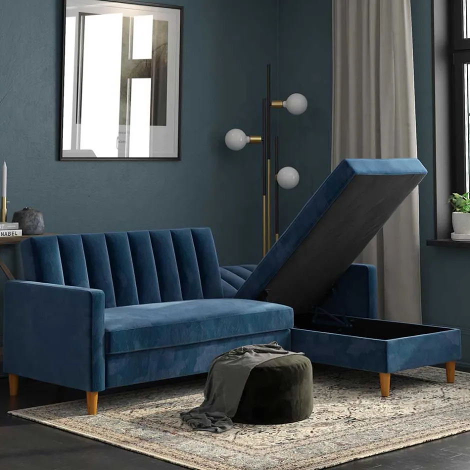 L-Schlafsofa in Blau Samt - Astomon^Wohnen Sale