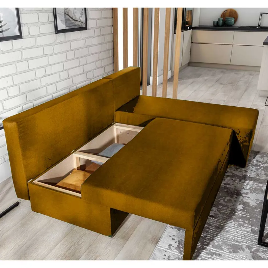 Wohnen L-Schlafsofa in Senfgelb Velours - Xantra