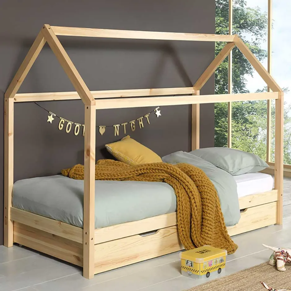 Massives Haus Kinderbett in Kiefer Natur - Luvrena^Wohnen Hot