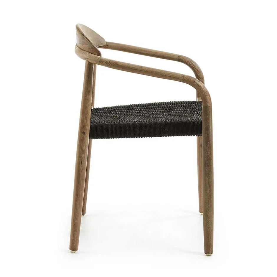 Wohnen Massivholz Armlehnstuhl mit Geflecht Sitz Anela aus Kordel Grau (4er Set)