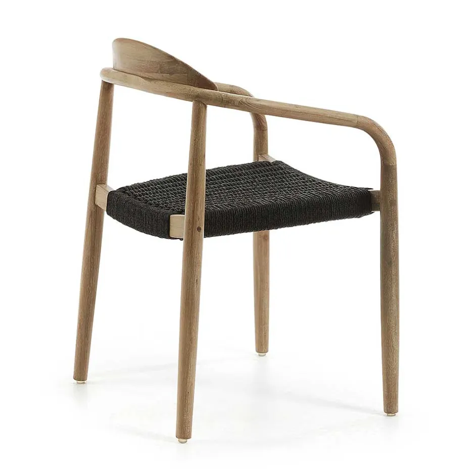 Wohnen Massivholz Armlehnstuhl mit Geflecht Sitz Anela aus Kordel Grau (4er Set)