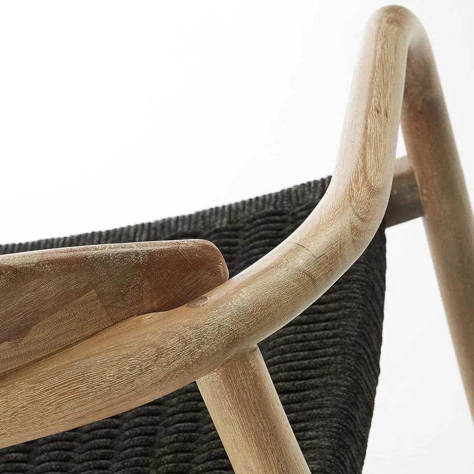 Wohnen Massivholz Armlehnstuhl mit Geflecht Sitz Anela aus Kordel Grau (4er Set)
