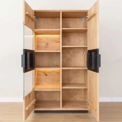 Wohnen Massivholz Vitrine in Eiche mit Schwarz - Eribella