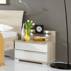 Wohnen Nachtkommode Josekna in Weiß Glas Eiche Sägerau