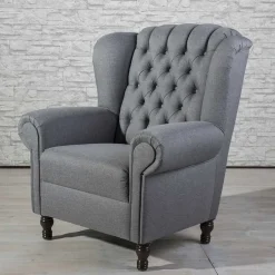 Wohnen Ohrensessel in Jeansblau und Nussbaum Braun - Sasmia