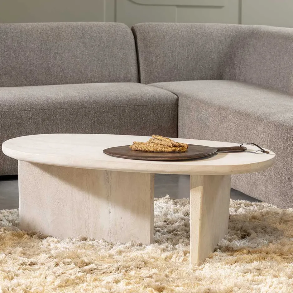 Wohnen Ovaler Couchtisch in Creme aus Massivholz - Nuvellas