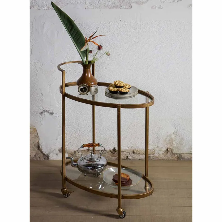 Wohnen Ovaler Serviertisch Burina auf Rollen in Messing mit Glas