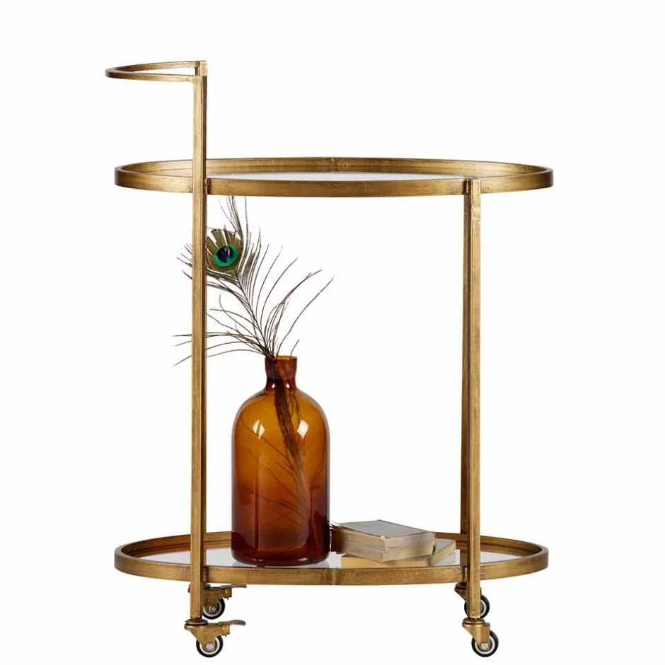 Wohnen Ovaler Serviertisch Burina auf Rollen in Messing mit Glas