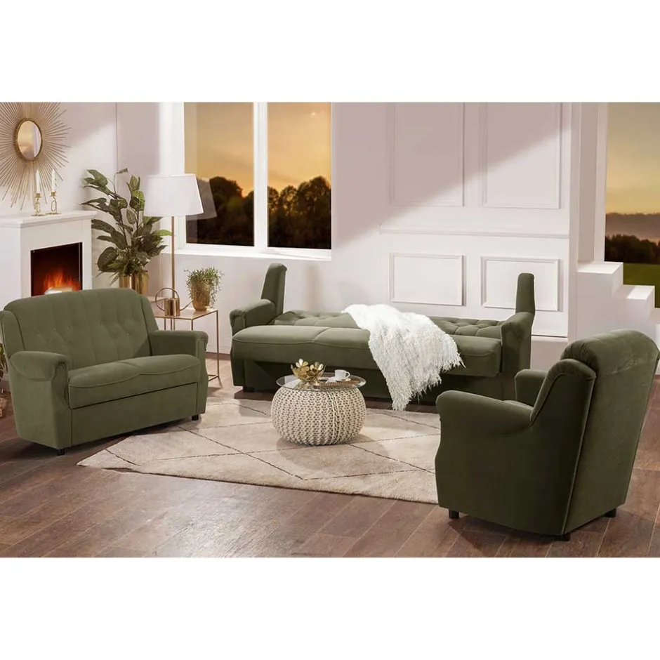 Polstergarnitur in Dunkelgrün Flockstoff - Ramira (dreiteilig)^Wohnen Best