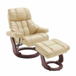 Wohnen Relax Sessel mit Leder in Creme & Gestell Walnuss Hermine inkl. Hocker (zweiteilig)