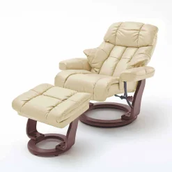 Wohnen Relax Sessel mit Leder in Creme & Gestell Walnuss Hermine inkl. Hocker (zweiteilig)
