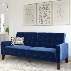 Retro Bettsofa in Blau Samt - Silvaria^Wohnen