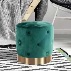 Runder Hocker in Grün Samt & Gold Metall - Emiato^Wohnen Outlet