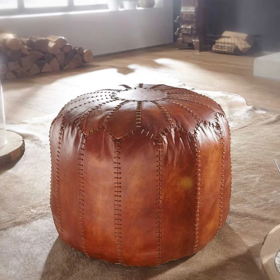 Wohnen Runder Lederhocker in Cognac Braun - Fernandez