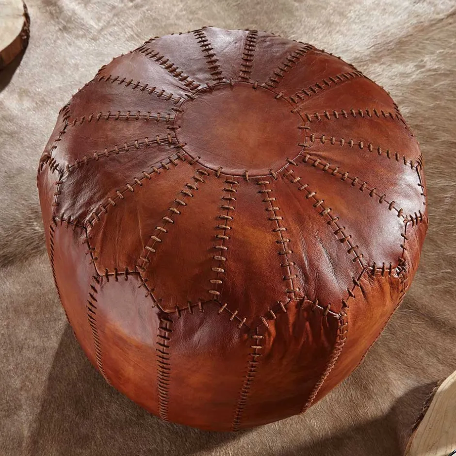 Wohnen Runder Lederhocker in Cognac Braun - Fernandez