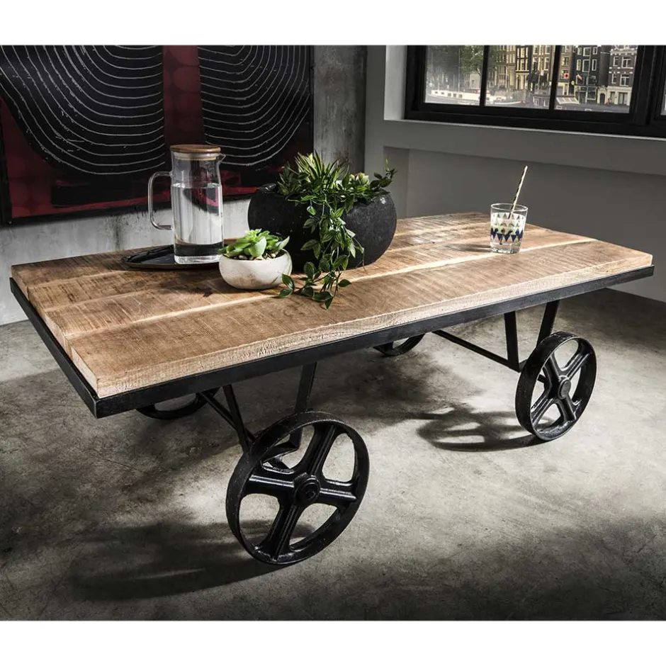 Wohnen Rustikaler Design Couchtisch mit Eisenrädern - Pistroga
