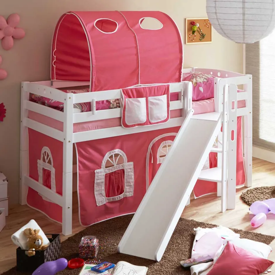 Kinder Wohnen Rutsche Buchenholz Hochbett in Weiß - Leontine