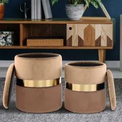 Samt Hocker Set in Hellbraun & Braun - Valerana (zweiteilig)^Wohnen New