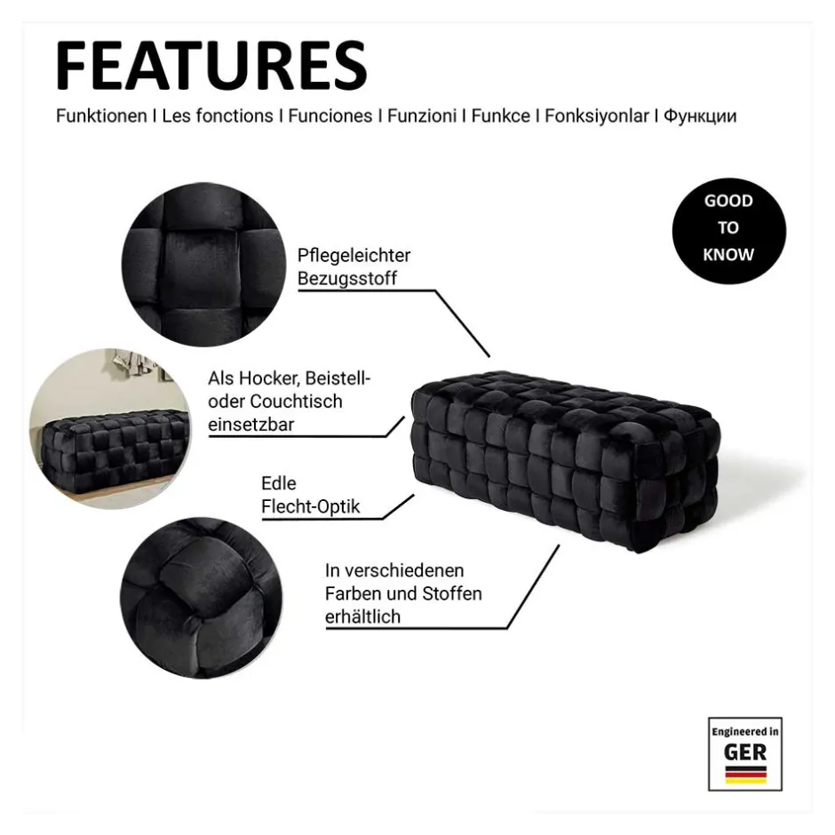 Wohnen Samt Sitzbank in Schwarz Flechtdesign - Addara