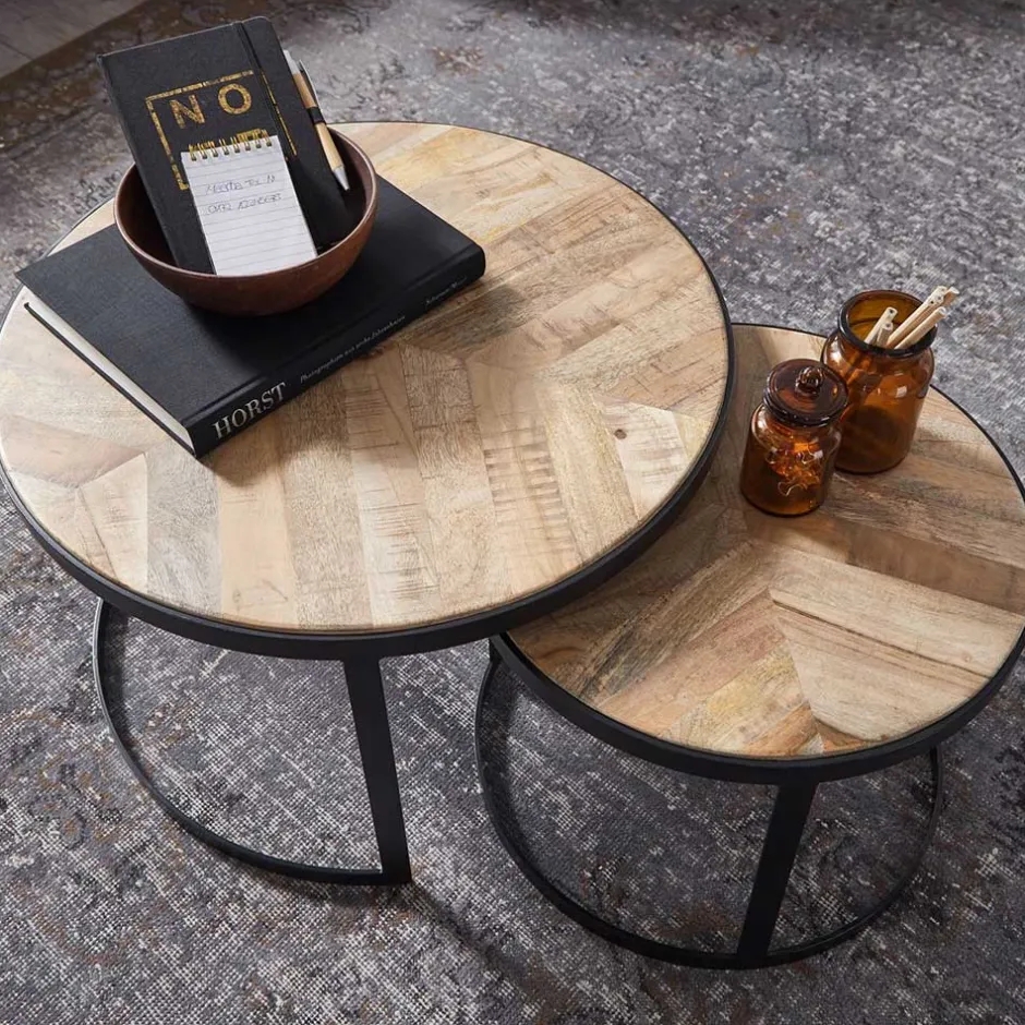 2-Satz Couchtisch mit Holzplatte Rund - Bernesa (zweiteilig)^Wohnen