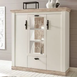 Wohnen Scandi Landhaus Highboard in Weiß Pinie Shabby Nedita 140 cm breit