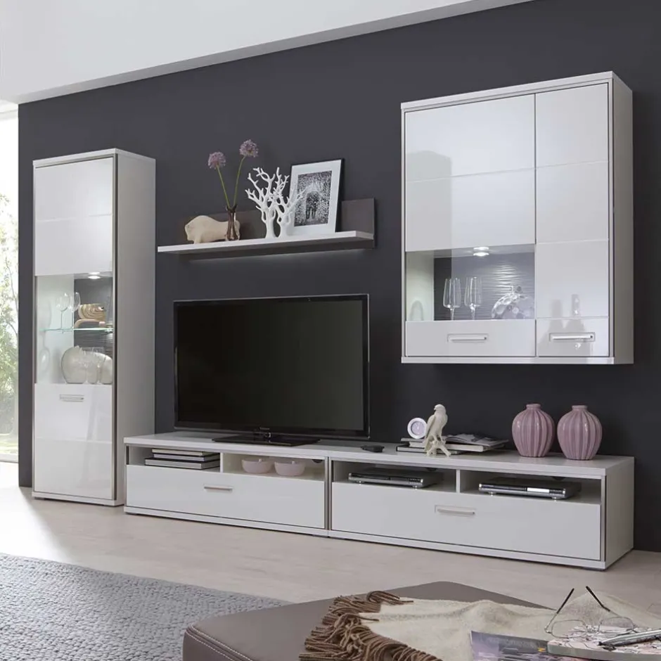 Wohnen Schrankwand Tacroma in Weiß Hochglanz (fünfteilig)