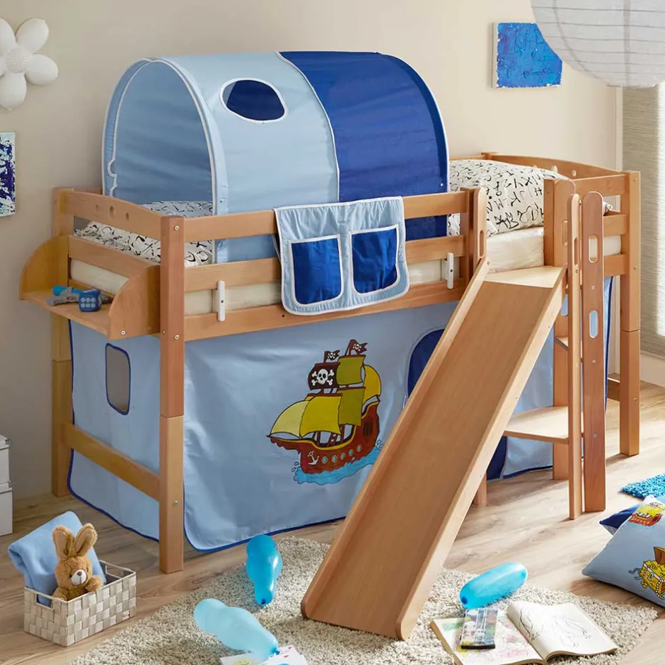 Kinder Wohnen Schräg Rutschen Hochbett in Natur Buche - Urak