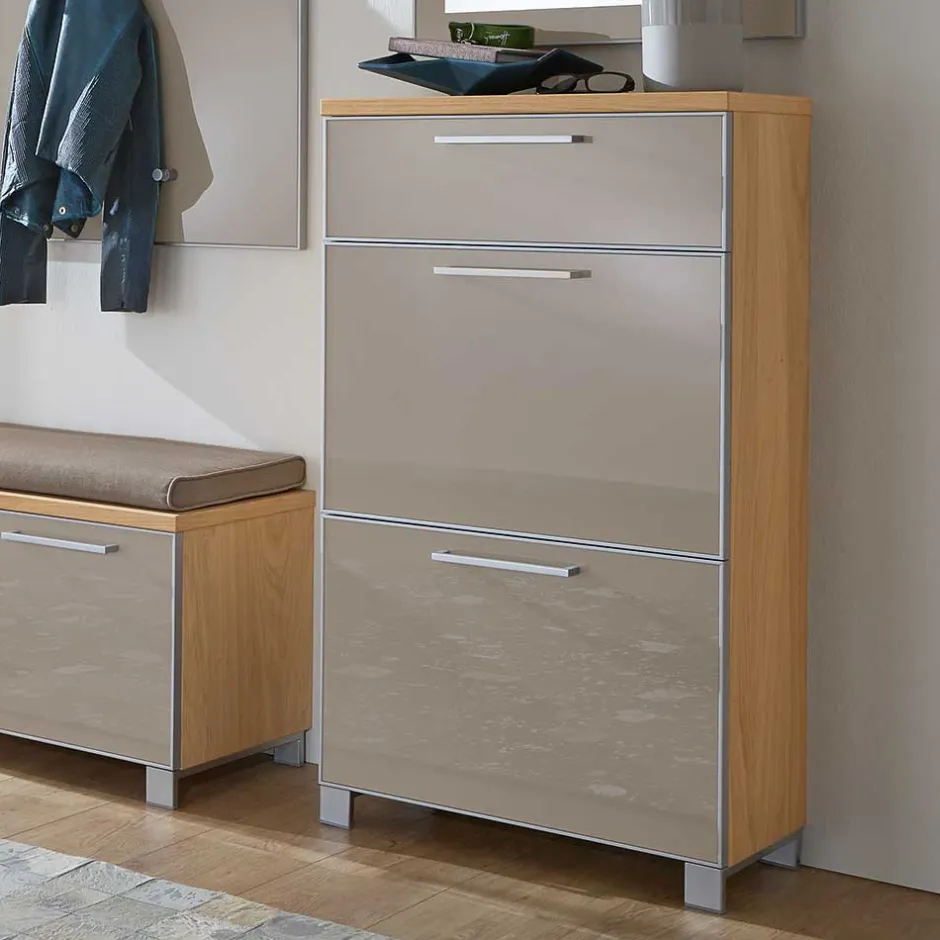 Schuh Klappenschrank Diecca in Taupe Glas beschichtet^Wohnen New