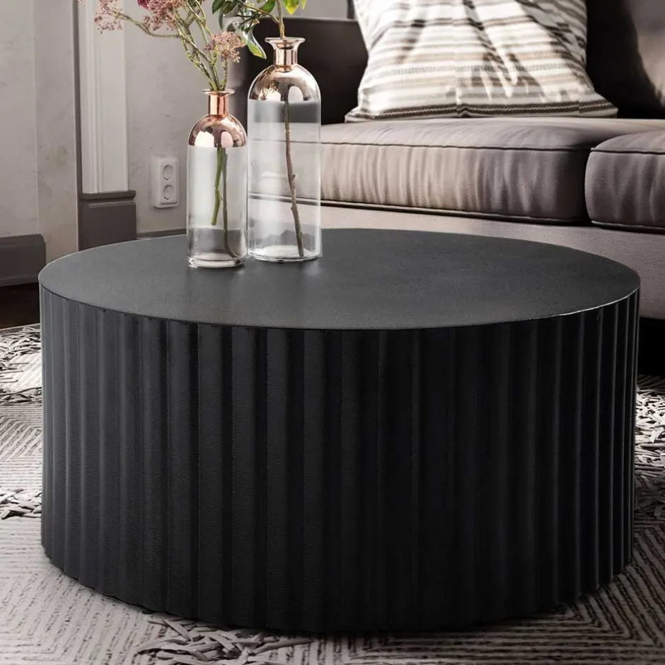Schwarzer Sofatisch mit gerilltem Zylindergestell - Crocetta^Wohnen New
