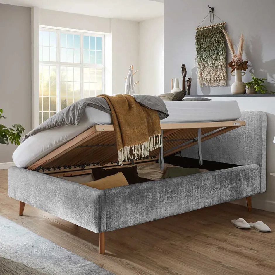 Wohnen Stauraum Polsterbett aus Boucle in Grau - Tasso