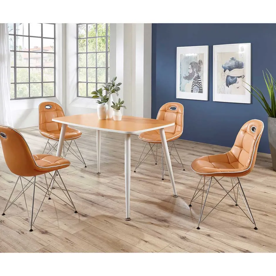 Wohnen Stylische Design Essgruppe in Orange Wancora mit Kunstleder Stühlen (fünfteilig)
